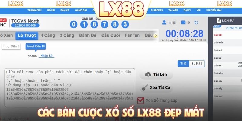 Các bàn cược xổ số LX88 đẹp mắt