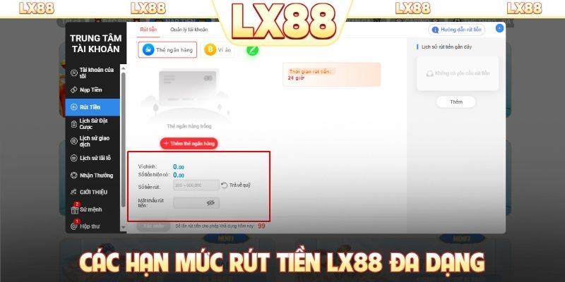 Các hạn mức rút tiền LX88 đa dạng